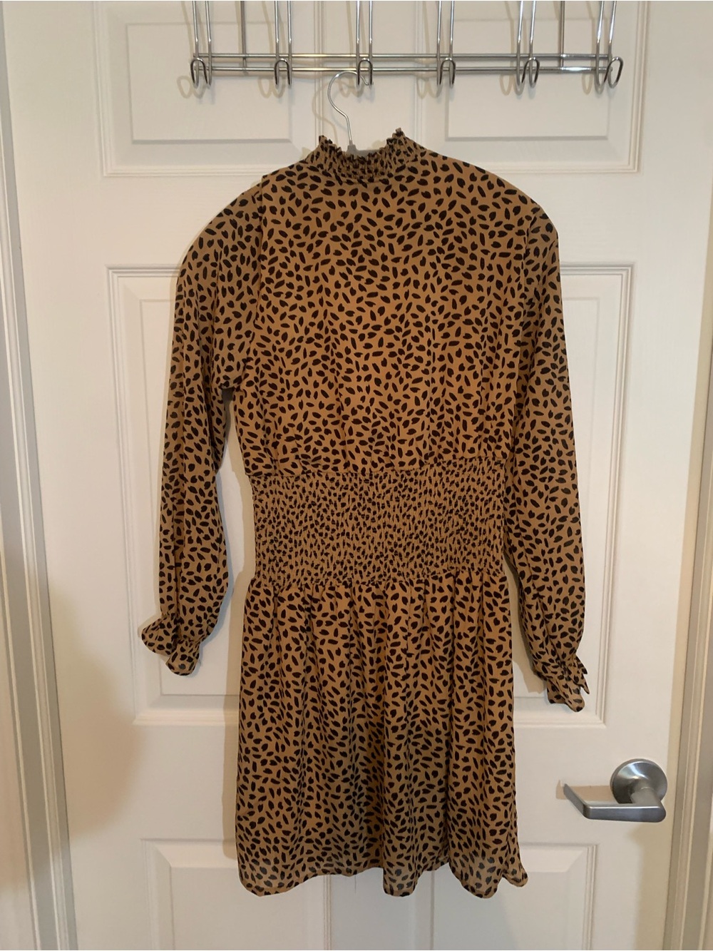 She + Sky Tan Dress with Black Leaf Print - Long Sleeve